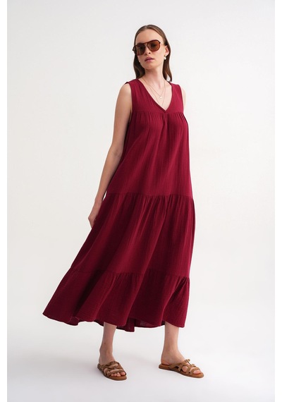 Mixray 4673 Kadın Büzgü Detaylı Müslin Elbise Bordo Bordo