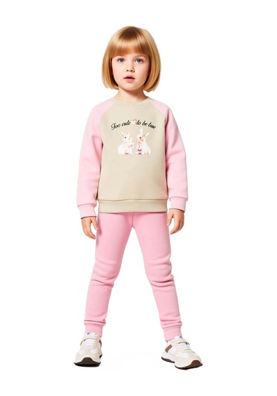 Ersefa Kız Çocuk Şardonlu Oversize Sweatshirt Ve Eşofman Altı Takımı Kal Bej