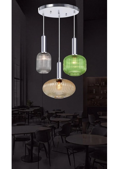Rustik Modern Renkli Camlı Sarkıt Avize 5762-v91-1r-jy-3r Krom