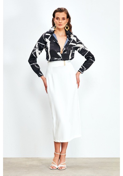 Sateen Düğme Detaylı Midi Etek - Ekru
