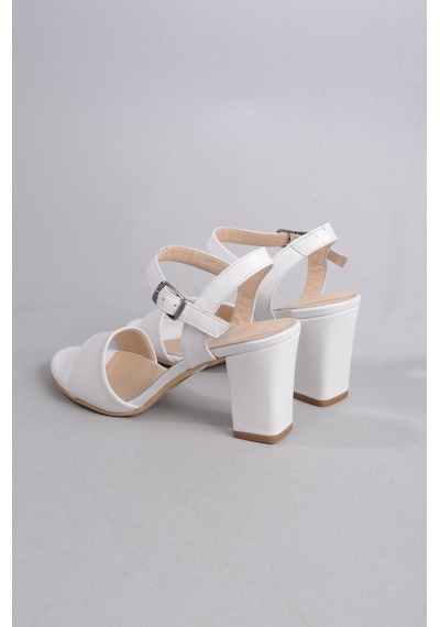 Seç Kundura Seç 0032 Hakiki Deri Tek Bant Sandalet Topuk Boyu 8,5cm Beyaz - 37 Beyaz