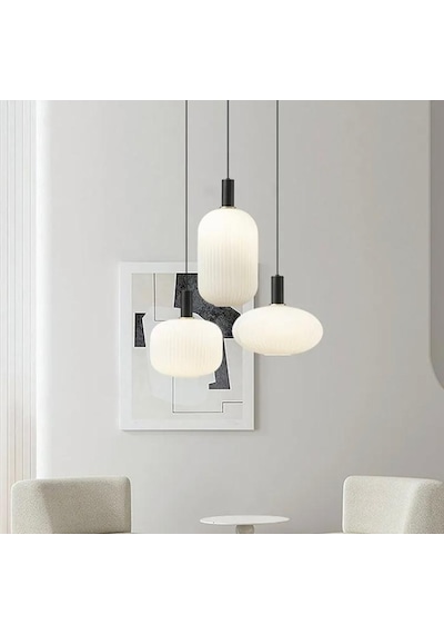 Rsylight Rustik Dekoratif Metal Modern Yuvarlak Siyah Beyaz Opal Camlı 3 Lü Avize Siyah