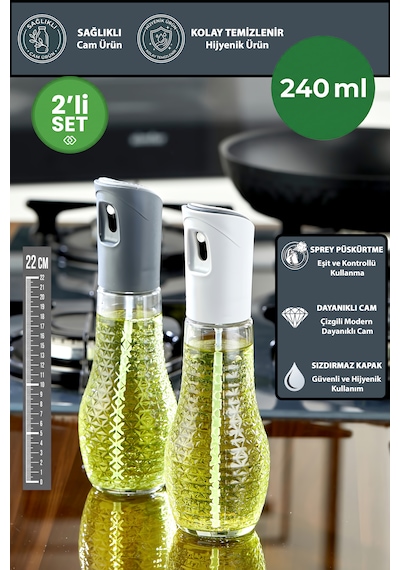 2'li Cam Sprey Airfryer Yağdanlık Püskürtmeli Zeytinyağı, Sirke Ve Sıvı Yağ Şişesi Mutfak Yağdanlık Gri