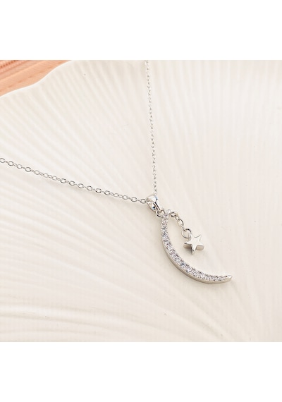 Ay Yıldızlı Kolye Kadın Kolye Zirkon Taşlı 45cm Silver