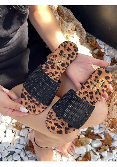 Erva'nın Butiği Leopar Saten Vase Taş Detay Kadın Terlik-5445
