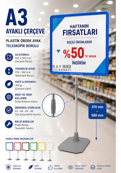 A3 Ayaklı Fiyat Etiketi Yönlendirme Levhası Teleskopik Çerçeve Seti Menü Ve Fiyatlık Panosu Mavi