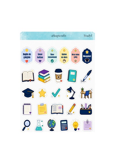 2 Sayfa Study Sticker Seti - Öğrenci- Sınav - Okul - Motivasyon 0