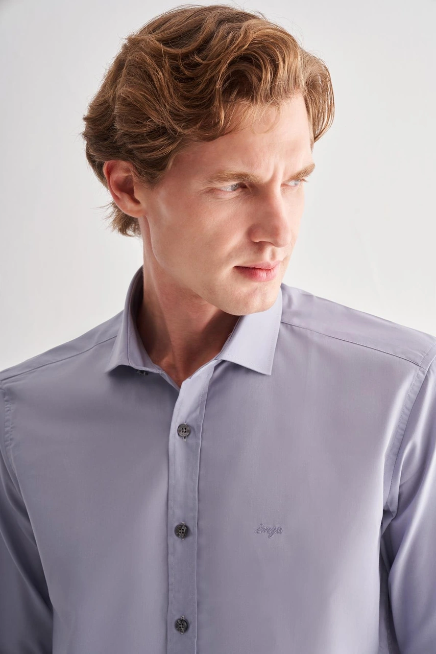 İmza Koyu Gri Yarım İtalyan Yaka Uzun Kol Slim Fit Pamuklu Gömlek 1004255180 Koyu Gri