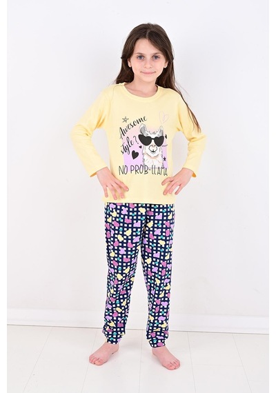 Uzun Kollu Kız Çocuk Pijama Takımı No Prob Lama Sarı