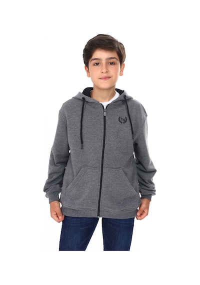 Toontoy Kids Toontoy Erkek Çocuk Kapüşonlu Fermuarlı Cepli Düşük Omuz Baskılı Örme Hırka - 3 İplik Şardonsuz Antrasit Melanj