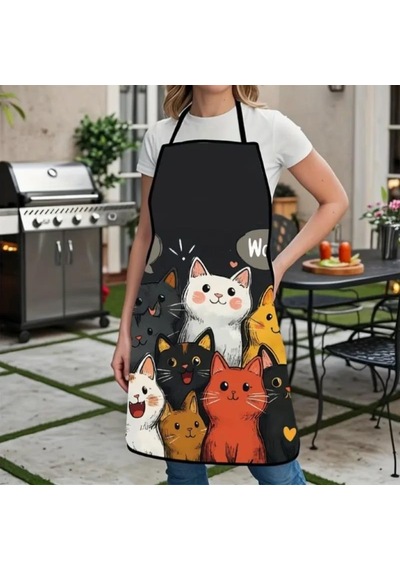 Valkyrie Kedi Desenli Mutfak Önlüğü Cepli Ayarlanabilir Askılı Unisex Mutfak Temizlik Önlüğü Siyah