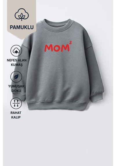 Monila Unisex Çocuk Anne Baskılı 3 İplik Kumaş Pamuklu Sweatshirt Antrasit