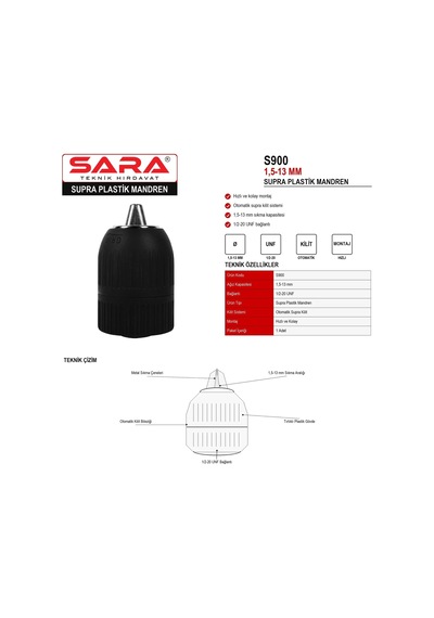 Sara S900 Supra Plastik Mandren 1,5 13 Mm, Otomatik Kilitli, 1/2-20 Unf