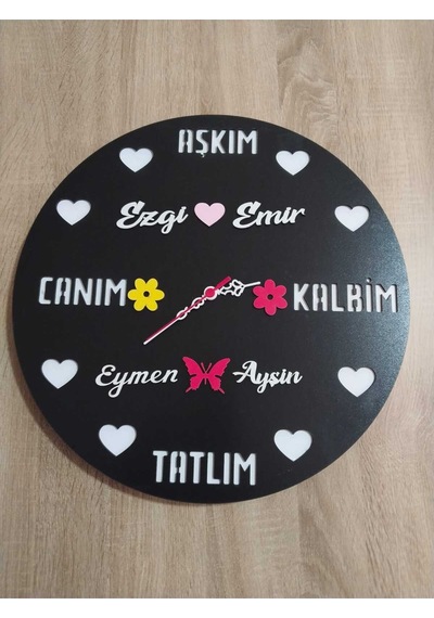 Sevgili-aşk-saadet-mutluluk Kişiye Özel İsim Yazılı Duvar Saati Siyah