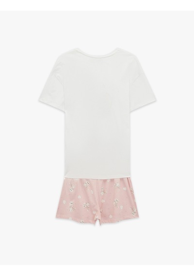 Koton Pamuklu Bisiklet Yaka Kısa Kollu Pijama Takımı Pembe Desenli 6slk40146mk