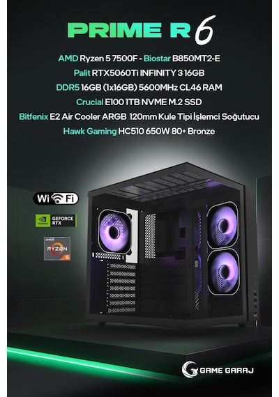 Game Garaj PRIME-R6 R5-7500F 16 GB RTX5060Ti 16 GB 1 TB SSD Free Dos Oem Paket Masaüstü Oyuncu Bilgisayarı