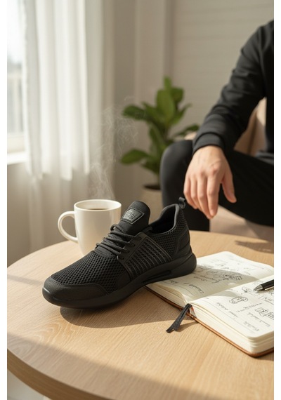 Enoch Erkek Tam Siyah Spor Ayakkabı Kafesli Yan Destekli Sneaker Günlük Rahat Yürüyüş Modeli Siyah