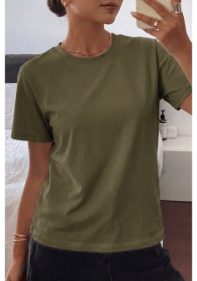Genıus Store Kadın Tişört Gri Bisiklet Yaka Basic Tişört %100 Pamuk Rahat Kalıp T-shirt Basıc-kadın Haki