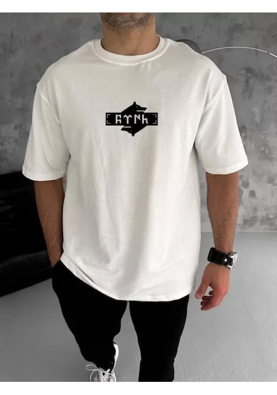 Unisex Bisiklet Yaka Baskılı Double Oversize T-shirt - Beyaz Beyaz