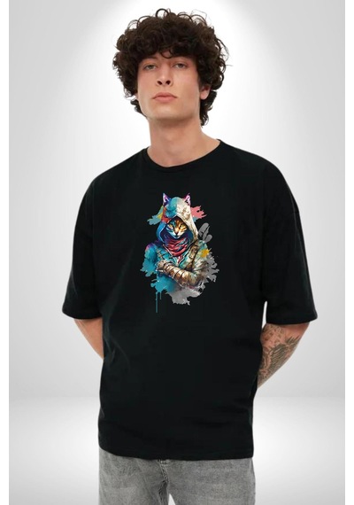 Kedi Assassin's Creed Pamuklu Bisiklet Yaka Unisex Oversize Boyfriend Dijital Baskılı Siyah T-shirt Siyah