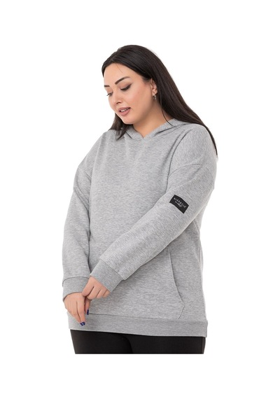 Büyük Beden Sırtında Yazı Detaylı Kapüşonlu Kanguru Cepli Üç İplik Gri Melanj Sweatshirt-gri Melanj Gri Melanj
