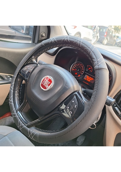 Çapraz Dikişli Geçmeli Direksiyon Kılıfı 38 Cm Siyah, Beyaz Dikiş