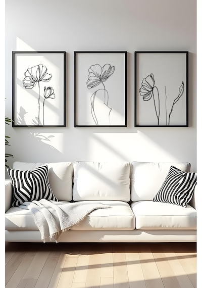 Huhuli Ahşap Siyah Çerçeveli Minimalist Line Art 3'lü Tablo Seti Huhu535