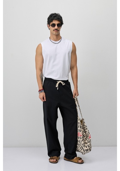 Vamos Bağcıklı Baggy Fit Keten Pantolon Siyah