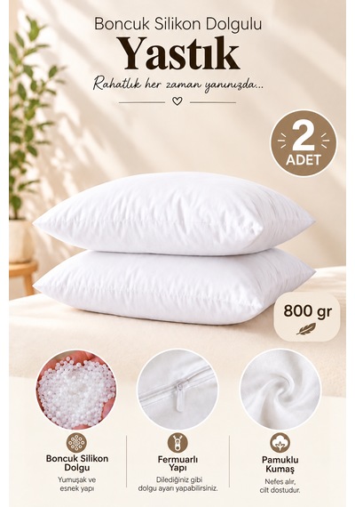 2 Adet Boncuk Silikon Yastık Fermuarlı 50x70 İç Yastık 800 Gram Beyaz