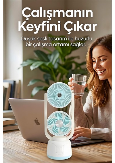 Şarjlı Çift Su Püskürtmeli 3 Kademeli Ayarlanabilir Masaüstü Fan Mavi