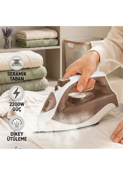 Kahverengi Buharlı Ütü 2200w Seramik Tabanlı Dikey Ütüleme 300 Ml Su Hazneli
