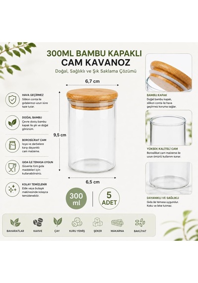5'li 300 Ml Bambu Kapaklı Cam Kavanoz Seti, Silikon Contalı Şeffaf Baharatlık Ve Saklama Kabı, Çay Kahve Şeker Baharat Kuruyemiş Kavanozu Çok Renkli
