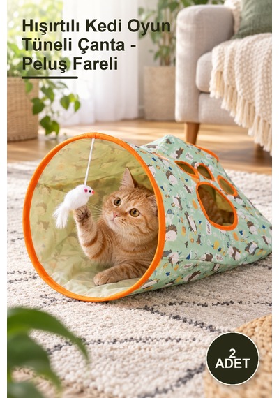 2 Adet Hışırtılı Kedi Oyun Tüneli Çanta - Peluş Fareli