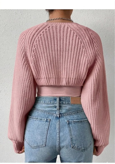 Moibody Triko Örgü Reglan Kol Bolero Hırka Kore Tarzı 4 Mevsim Pembe Pembe