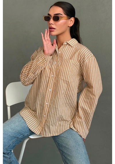 Madmext Bej Çizgili Sendy Kumaş Kadın Gömlek Mg2834