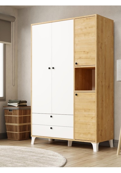 Kuzeylife 4 Kapaklı 6 Raflı Ekstra Derin Gardrop-52 Cm Derinlik Beyaz