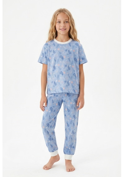 Bunny Hopp Kız Çocuk Pijama Takımı %100 Pamuk Flamingo Desenli Yazlık Kısa Kollu Mavi