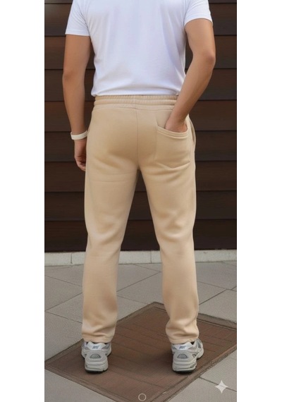 Valensdesign Erkek Üç Iplik Kışlık Pamuklu Ovarsize Bağcıklı Düz Paça Cepli Eşofman Altı Spor Rahat Model - Bej