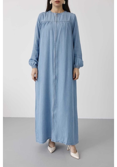 6470-denim Fermuarlı Ferace Mavi Mavi