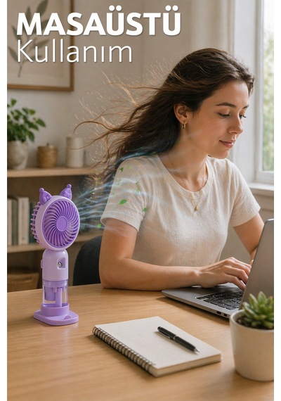 Buhar Üflemeli 3 Modlu Şarjlı El Fanı Seyahat Masaüstü Vantilatör Taşınabilir Mini Fan Mor F830