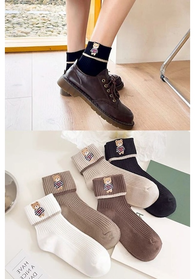 Bgk 5 Çift Teddy Bear Desenli Kadın Çorap Çok Renkli
