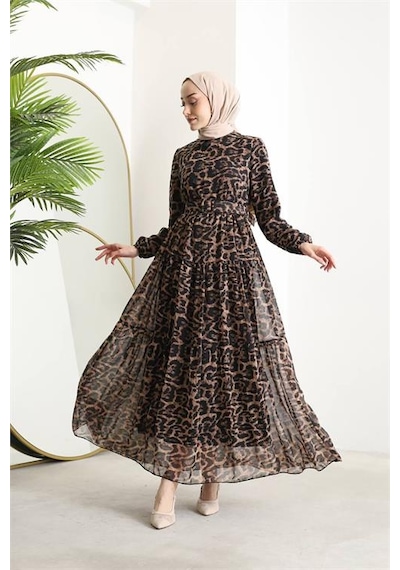 Neşeli Butik Kadın Kemerli Leopar Desenli Tesettür Şifon Elbise Sms014 Siyah