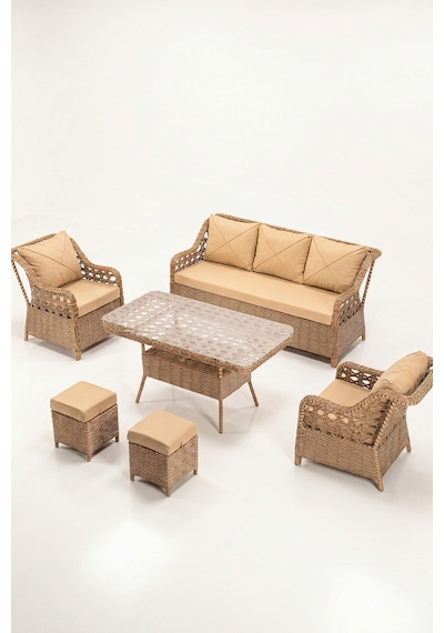 Anemon Serisi 3+1+1+2 Puf Cappucino Rattan Cappucino Minder Bahçe Balkon Oturma Koltuk Takımı