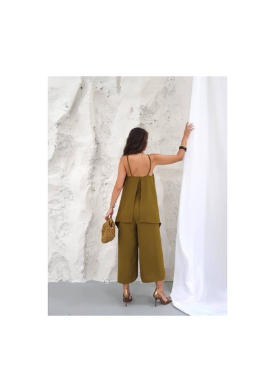 Paw Garage Kadın Keys İthal Ayrobin Kumaş Bluz Detaylı Tulum Olive