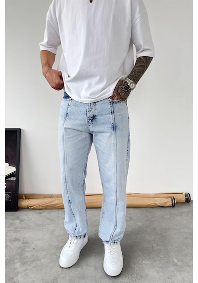 Buz Mavi Ön Tasarım Çımalı Baggy Pantolon