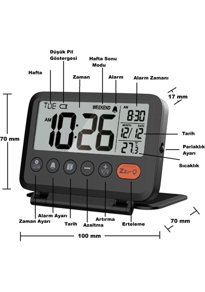 Lcd Katlanır Dijital Masa Saati Çalar Saat, Takvim Ve Sıcaklık Göstergeli, Taşınabilir Katlanabilir Alarm Saat Siyah