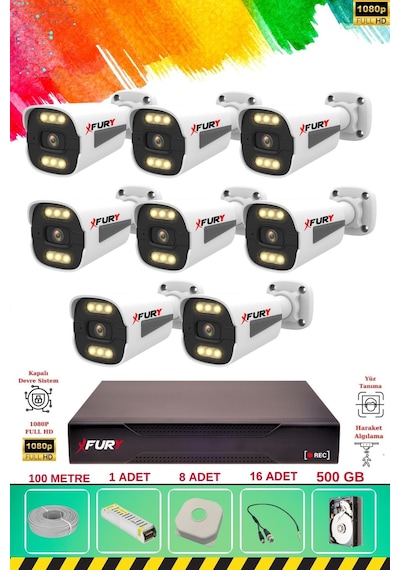 Fury 8 Kameralı 6 Warm Led Gece Renkli Görüş-cepten İzle-su Geçirmez Güvenlik Kamerası Seti 500gb