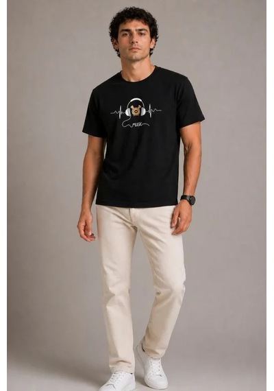 Efnaz Style Erkek Müzik Temalı Baskılı Tişört Bisiklet Yaka Kısa Kol T-shirt - Siyah