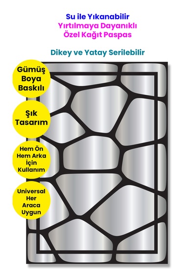 Suya Dayanıklı Yıkanır Kağıt Taş Zemin Desen Oto Paspas Kağıdı Siyah Gümüş Baskı 50 Adet 35x50cm