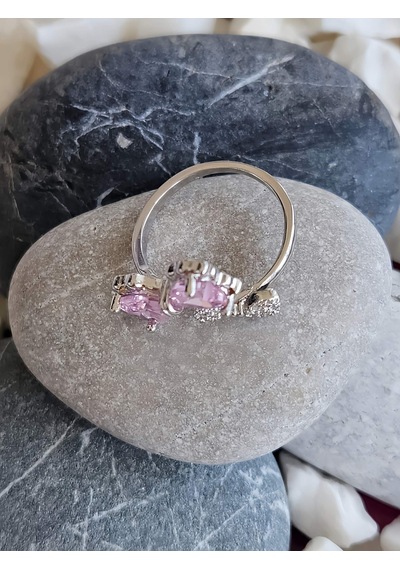 Eva Takı Store Papyon Fiyonk Model Pembe Taşlı Ayarlanabilir Silver Renk Çelik Yüzük Silver